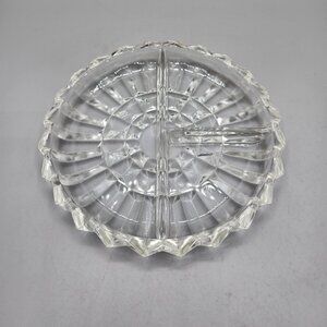 Vintage Indian Glass Lotus Blossom Divided Relish Dish 7" Round Clear Serving